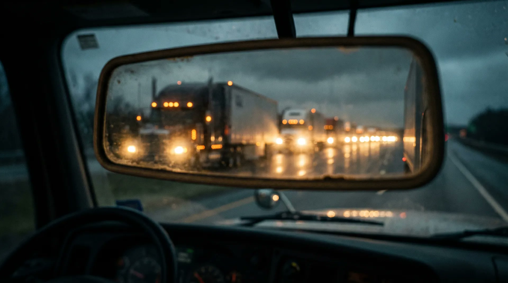 Rearview mirror reflection of a convoy of trucks driving at night