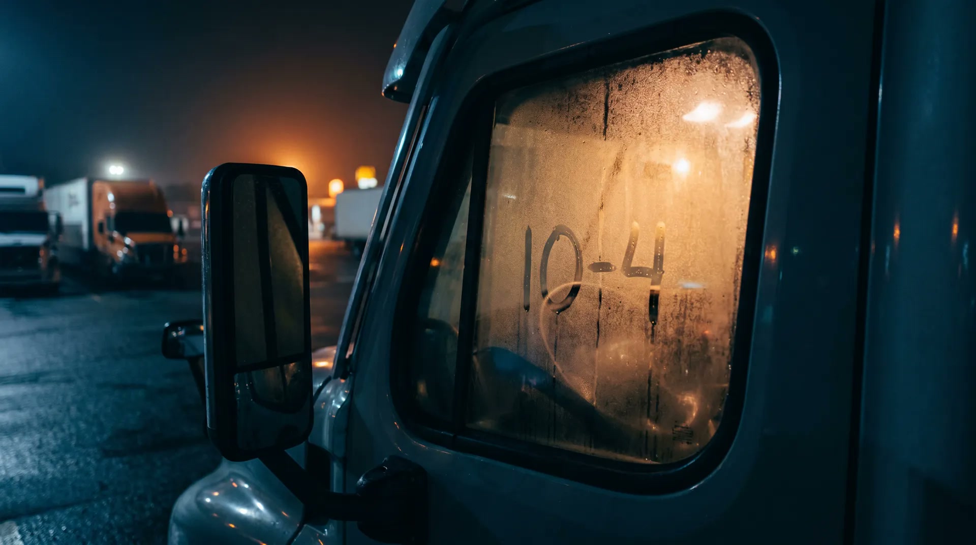 A foggy truck window at night with soft light diffusing through