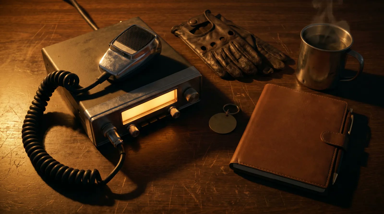 Flat-lay of a CB microphone and radio unit with a glowing amber dial, leather driving gloves, a leather logbook, a tin coffee mug, and a brass tag
