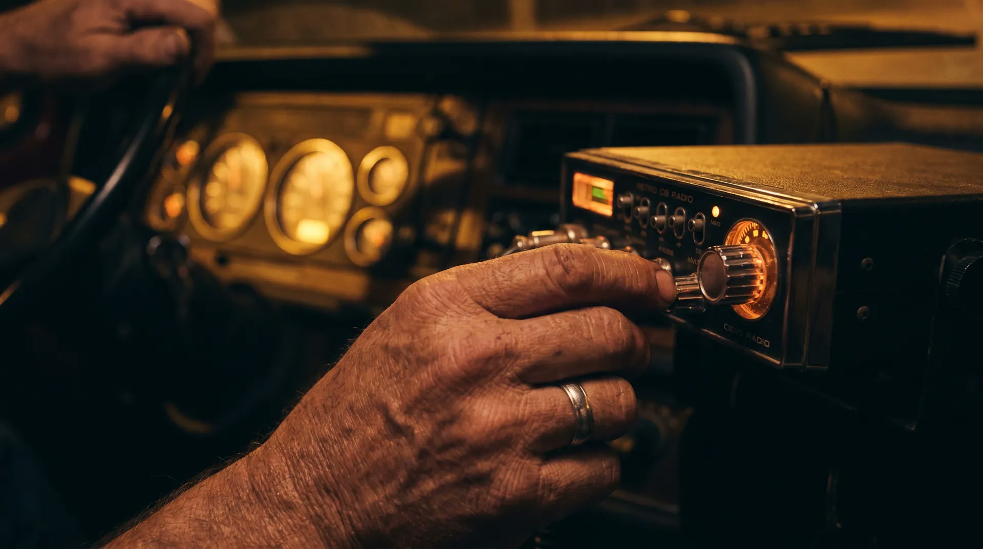 A trucker's hands resting on a CB radio microphone